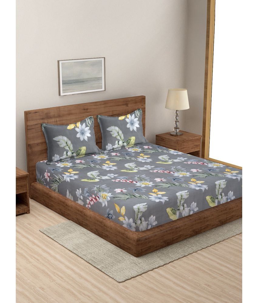     			Modefe Microfiber Floral 1 Double Queen Size Bedsheet with 2 Pillow Covers - Grey