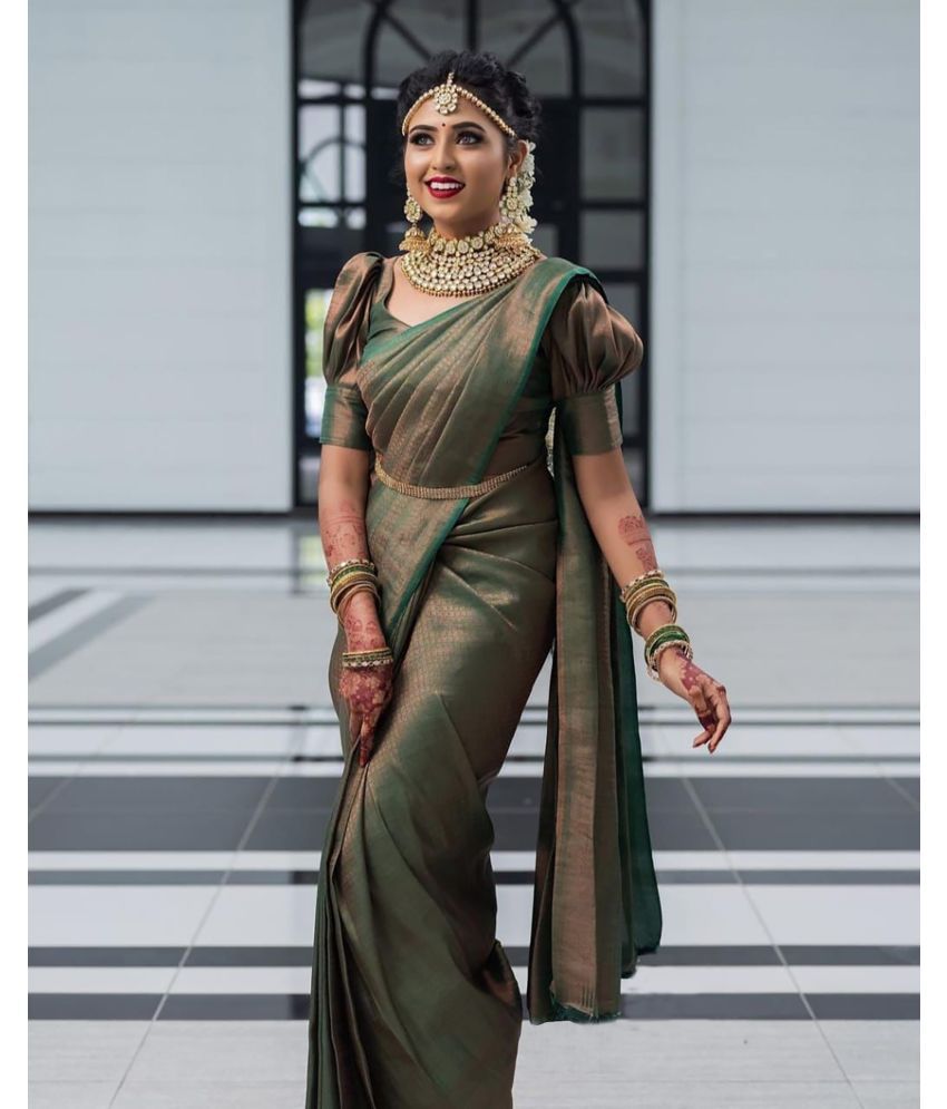     			Anjaneya Sarees Banarasi Silk Woven Saree With Blouse Piece - Green ( Pack of 1 )