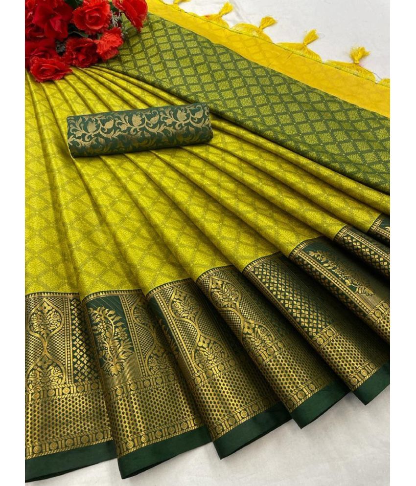     			Apnisha Cotton Silk Embellished Saree With Blouse Piece - Lime Green ( Pack of 1 )