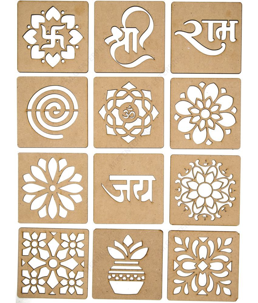     			M.G ENTERPRISE DIY MDF Wood Organic Rangoli Stencils For Floor and Wall R-1 Set of 12 pc (4 in x 4 in)