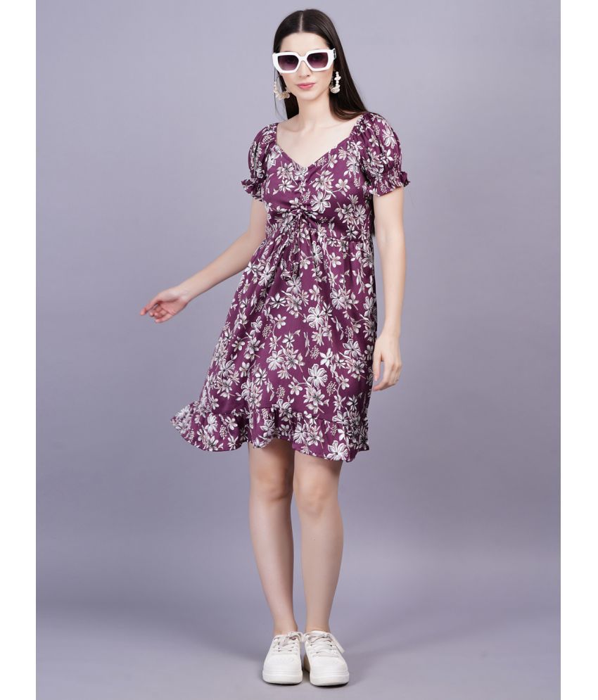     			HIGHLIGHT FASHION EXPORT Rayon Printed Above Knee Women's Fit & Flare Dress - Wine ( Pack of 1 )