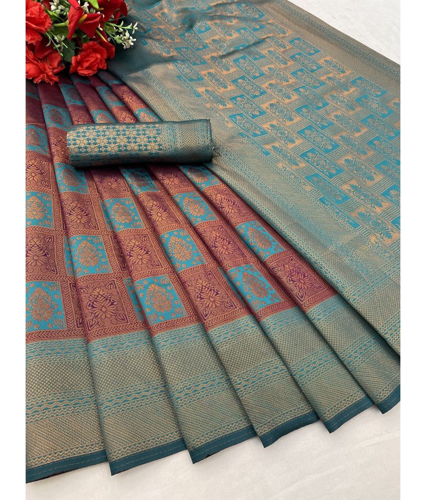     			A TO Z CART Banarasi Silk Solid Saree With Blouse Piece - Turquoise ( Pack of 1 )