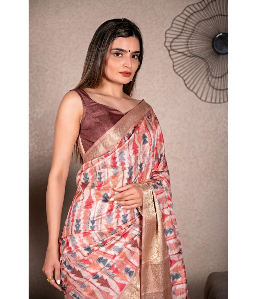     			Chashni Art Silk Printed Saree With Blouse Piece - Pink ( Pack of 1 )