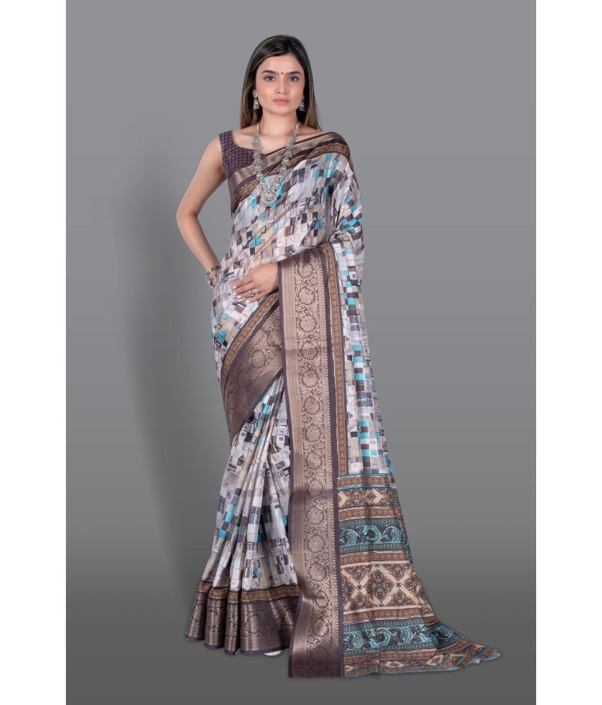     			Chashni Art Silk Printed Saree With Blouse Piece - Grey ( Pack of 1 )