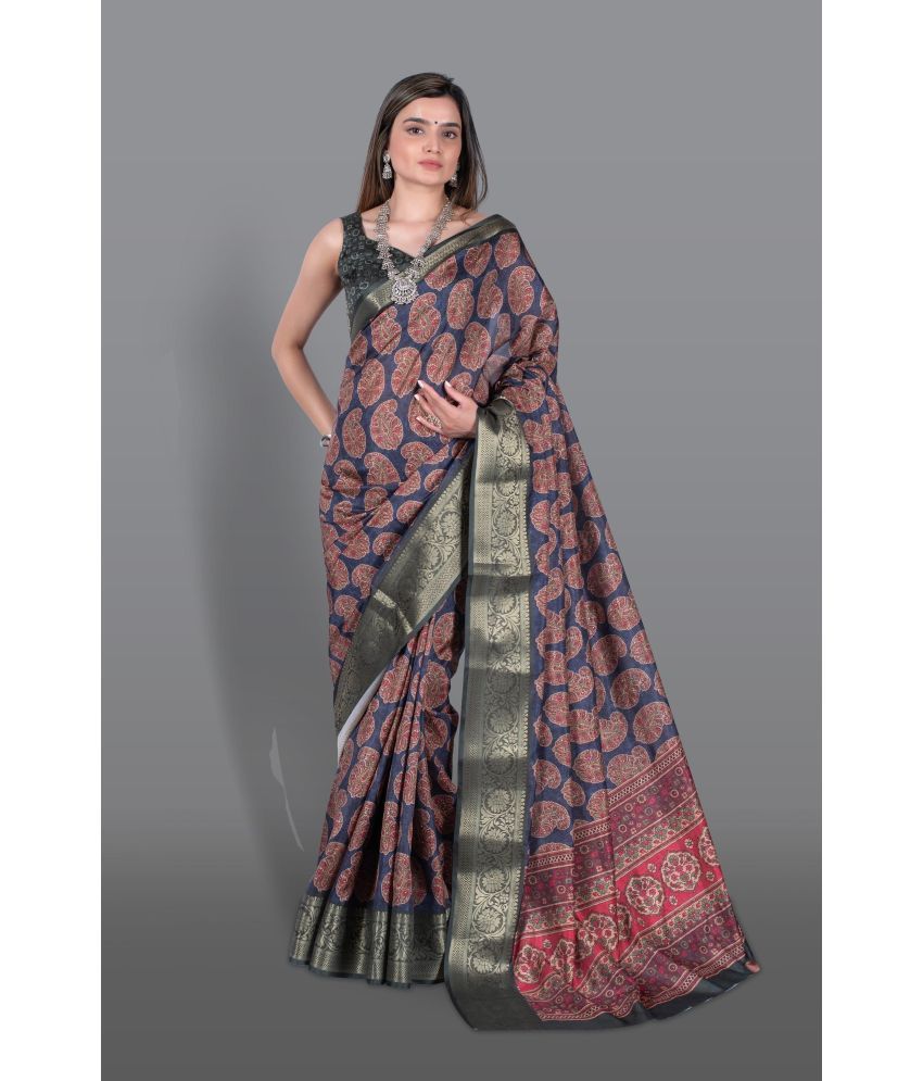     			Chashni Art Silk Printed Saree With Blouse Piece - Navy Blue ( Pack of 1 )