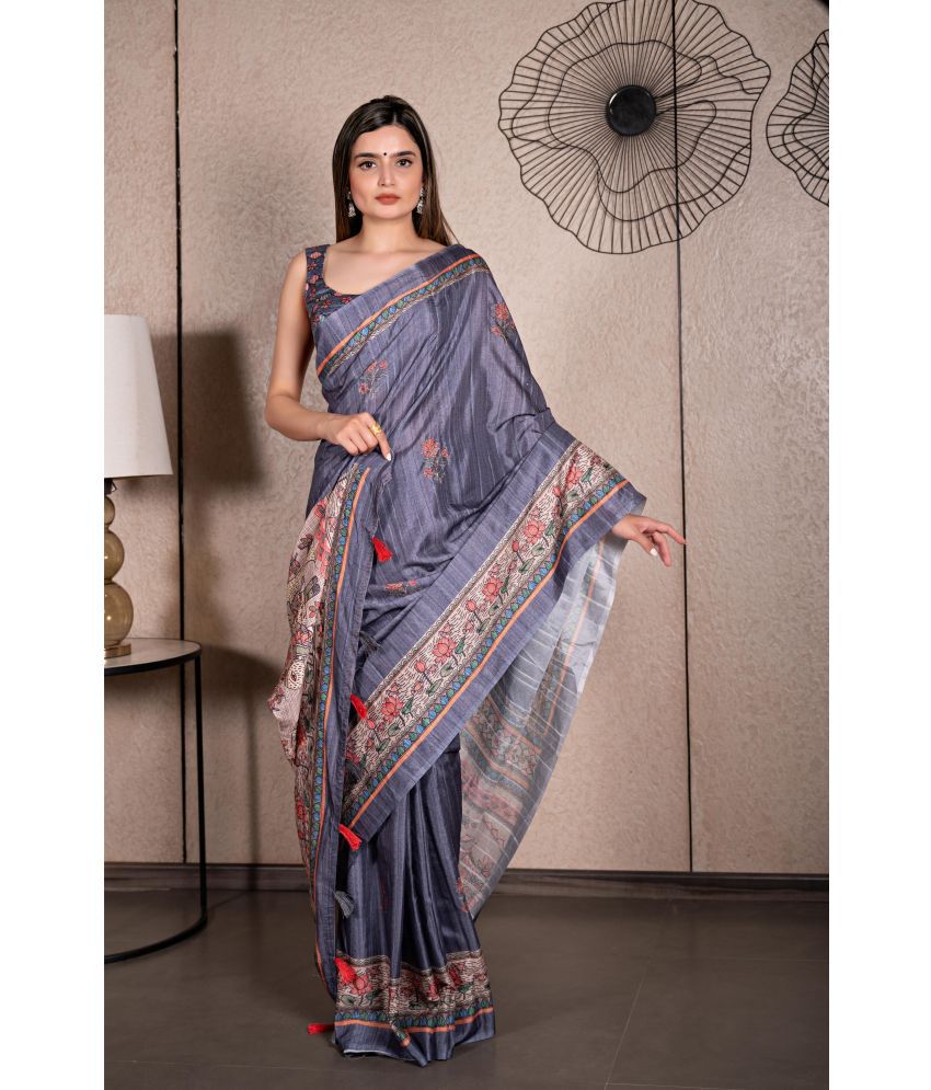     			Chashni Cotton Blend Printed Saree With Blouse Piece - Grey ( Pack of 1 )