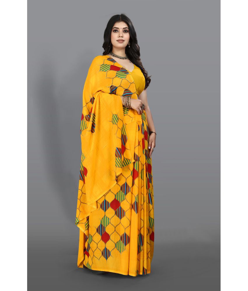     			Chashni Georgette Printed Saree With Blouse Piece - Yellow ( Pack of 1 )