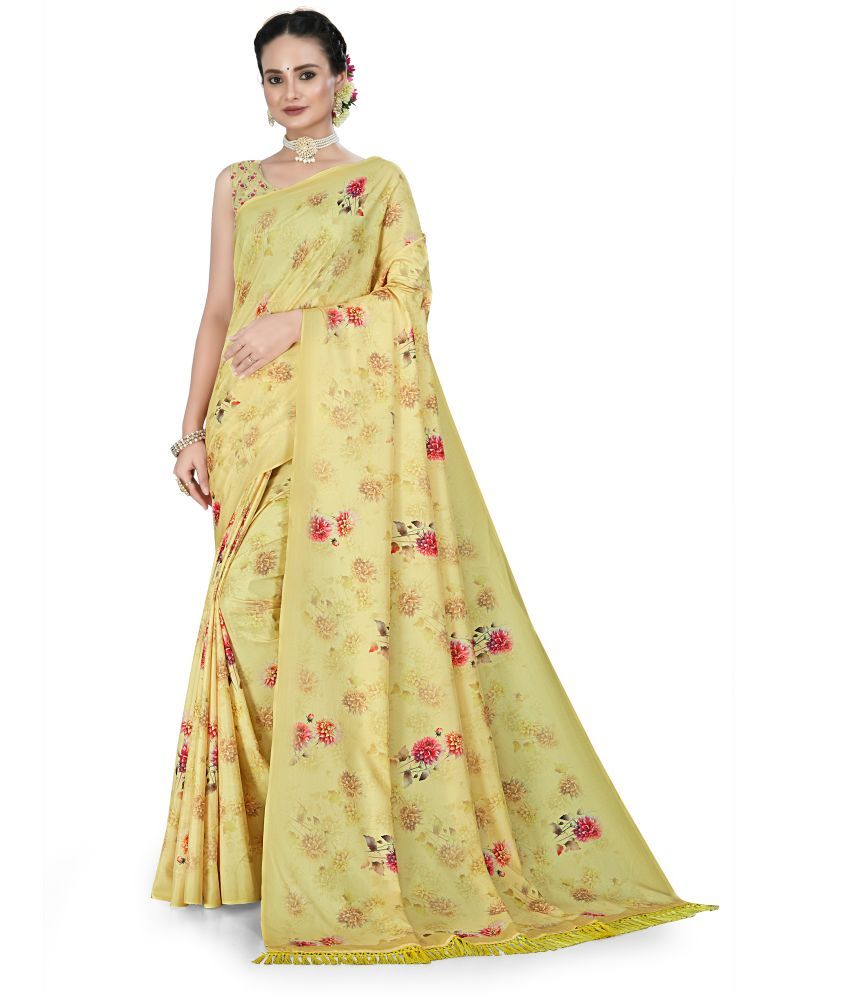     			Chashni Satin Printed Saree With Blouse Piece - Yellow ( Pack of 1 )