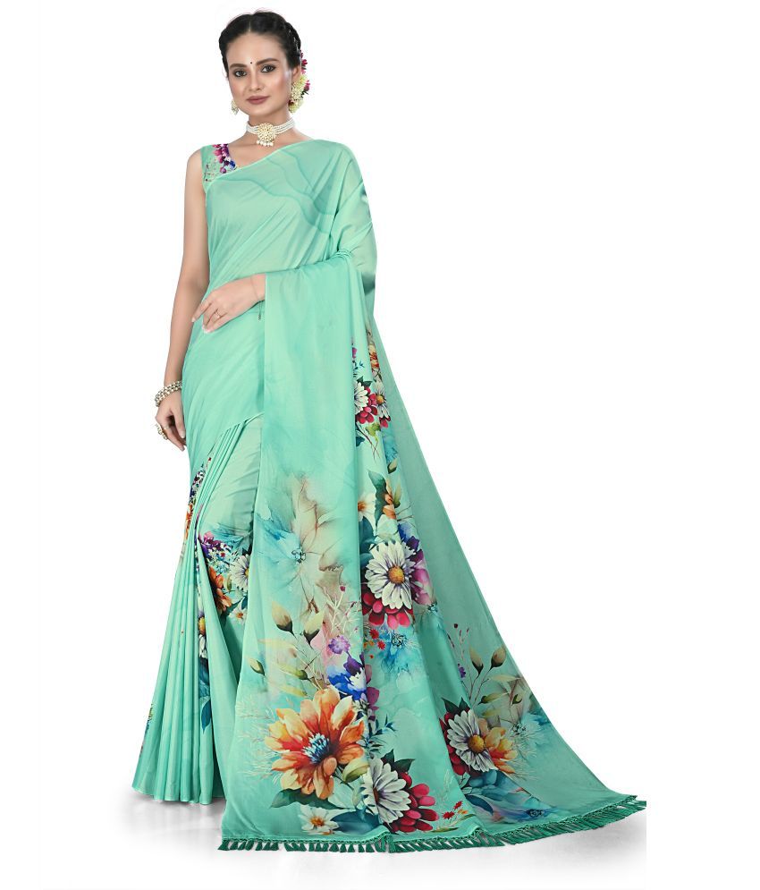     			Chashni Satin Printed Saree With Blouse Piece - Green ( Pack of 1 )