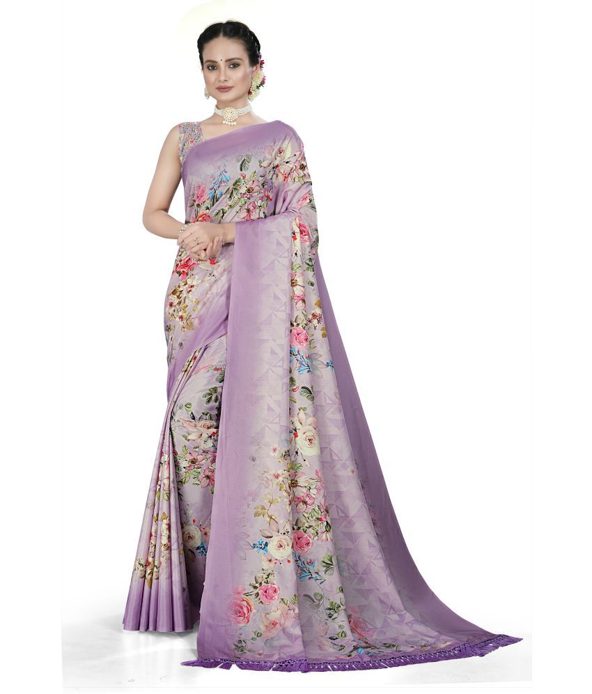     			Chashni Satin Printed Saree With Blouse Piece - Purple ( Pack of 1 )