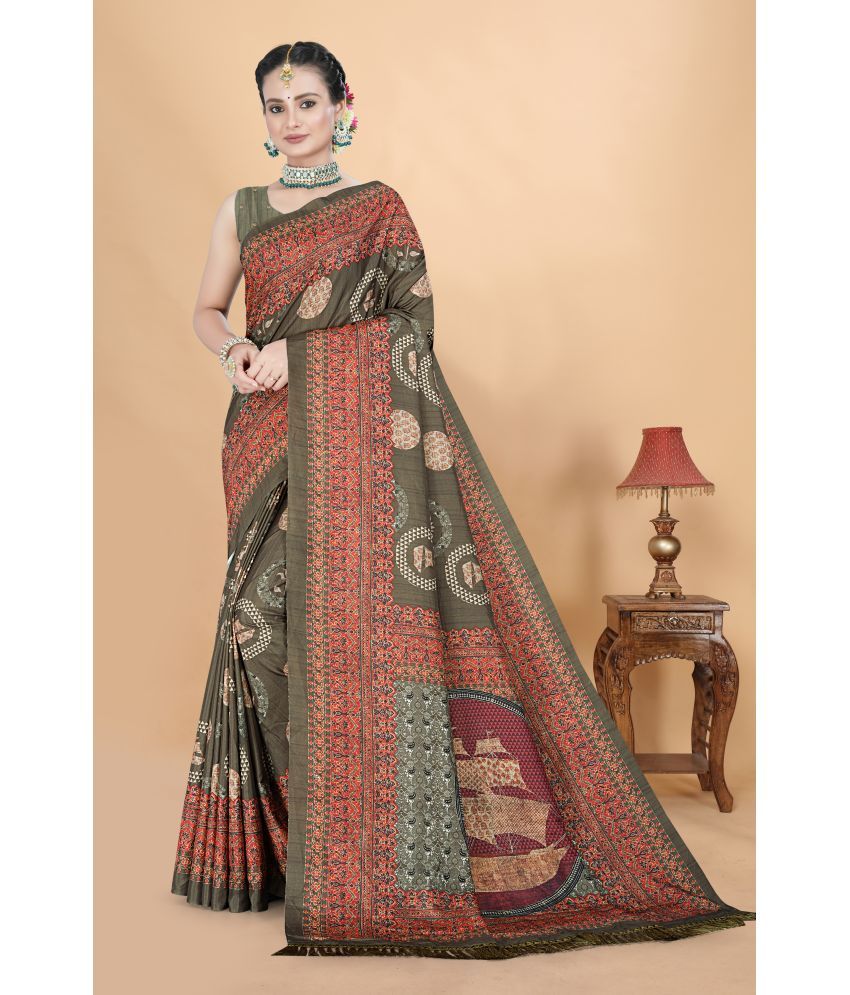     			Chashni Satin Printed Saree With Blouse Piece - Rama ( Pack of 1 )