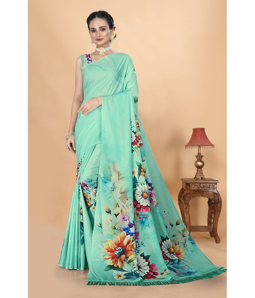     			Chashni Satin Printed Saree With Blouse Piece - Green ( Pack of 1 )