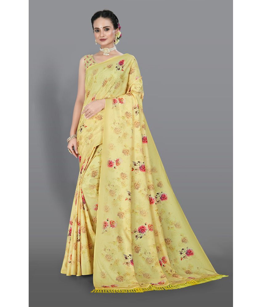     			Chashni Satin Printed Saree With Blouse Piece - Yellow ( Pack of 1 )