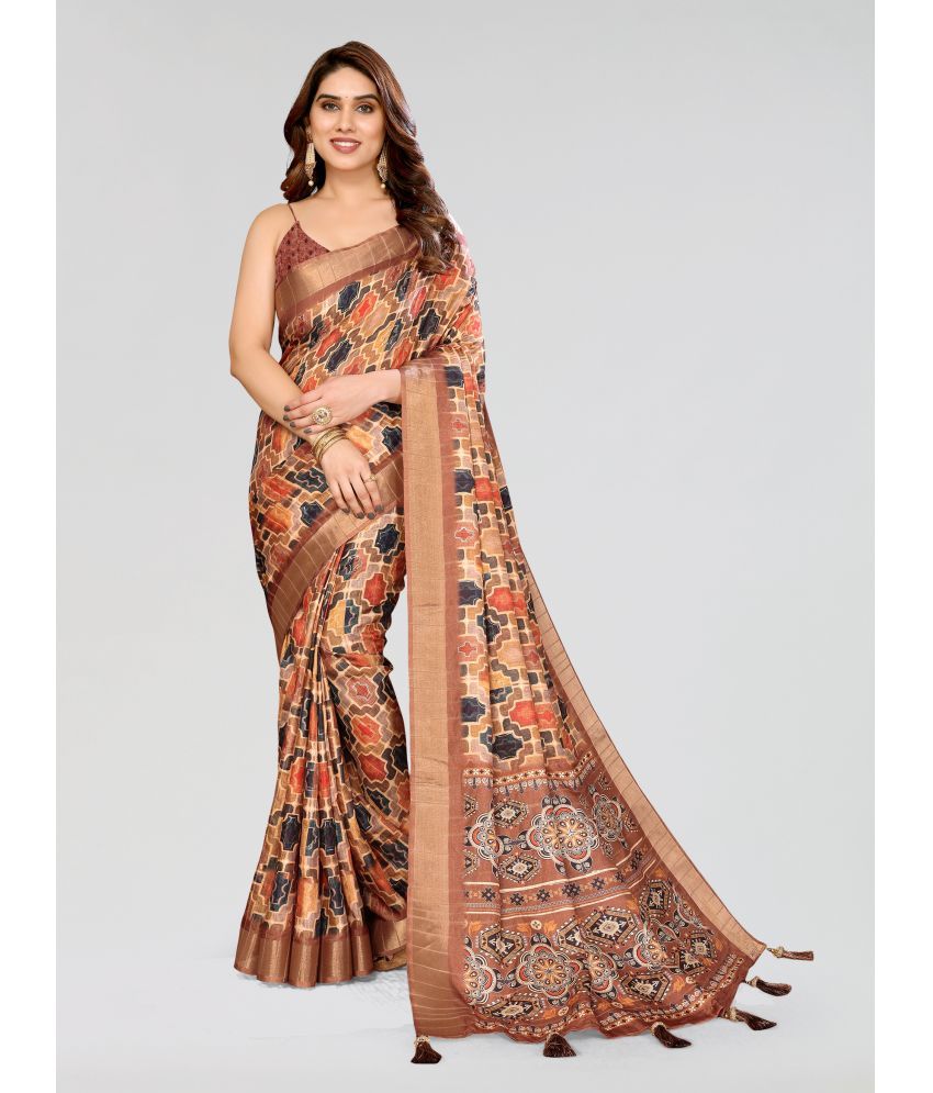     			Chashni Silk Blend Printed Saree With Blouse Piece - Gold ( Pack of 1 )