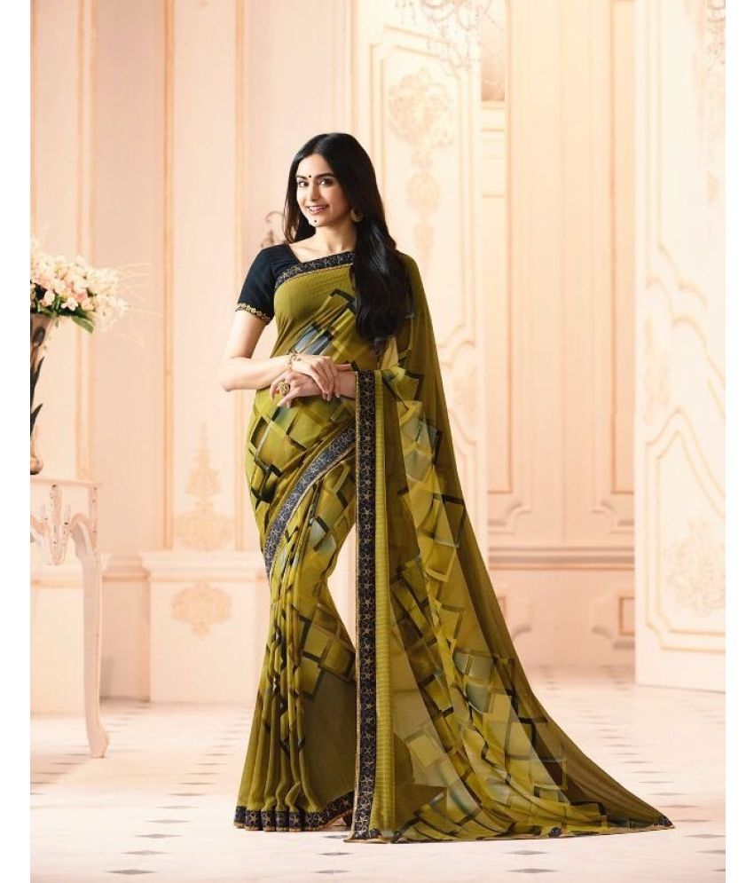     			Gazal Fashions Georgette Printed Saree With Blouse Piece - Mustard ( Pack of 1 )