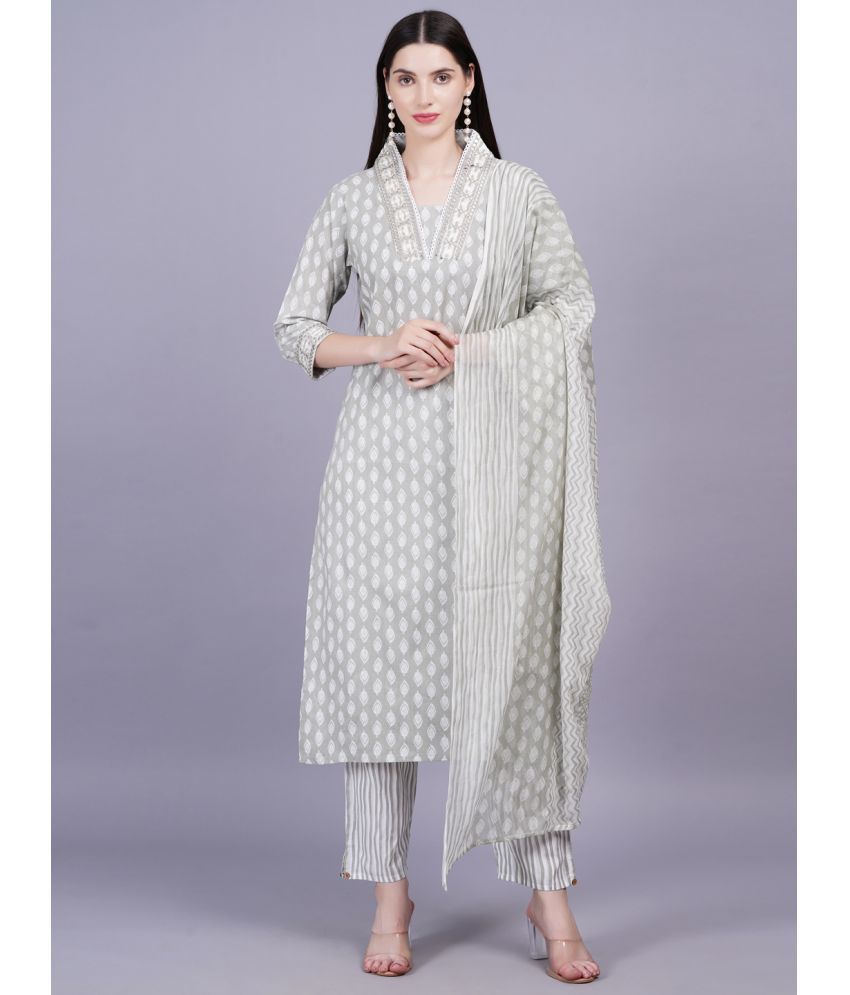     			JC4U Cotton Printed Kurti With Pants Women's Stitched Salwar Suit - Light Grey ( Pack of 1 )