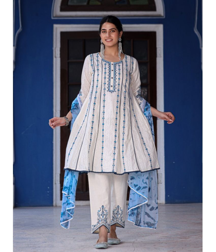     			Juniper Cotton Embroidered Kurti With Pants Women's Stitched Salwar Suit - White ( Pack of 1 )