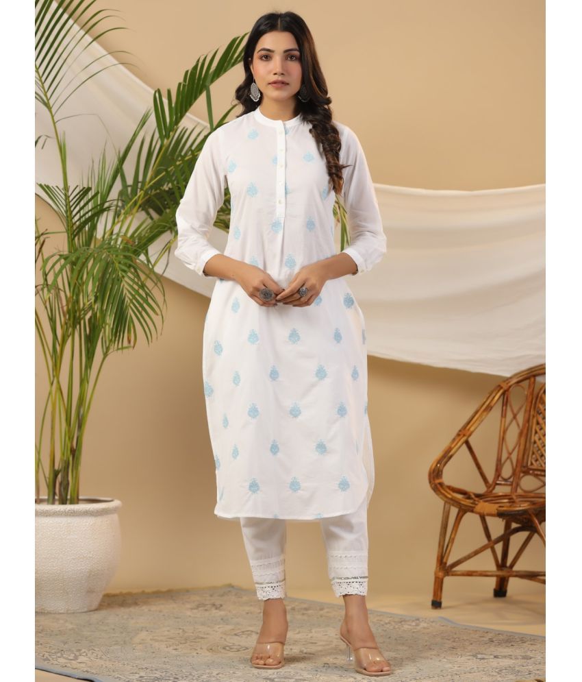     			Juniper Cotton Embroidered Kurti With Pants Women's Stitched Salwar Suit - White ( Pack of 1 )