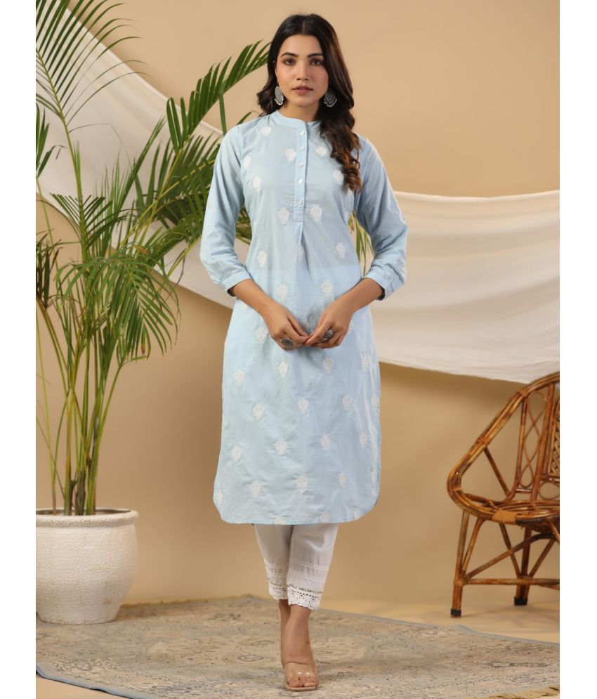     			Juniper Cotton Embroidered Kurti With Pants Women's Stitched Salwar Suit - Blue ( Pack of 1 )