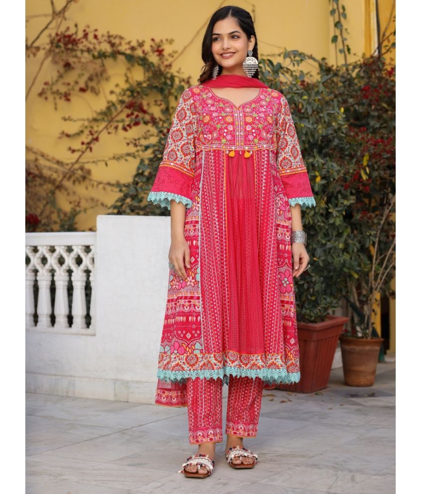     			Juniper Cotton Printed Kurti With Pants Women's Stitched Salwar Suit - Pink ( Pack of 1 )