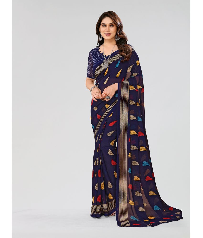     			Kashvi Sarees Georgette Printed Saree With Blouse Piece - Navy Blue ( Pack of 1 )