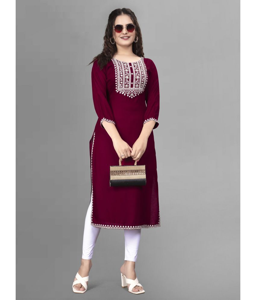     			PATBRO Rayon Embroidered Straight Women's Kurti - Maroon ( Pack of 1 )