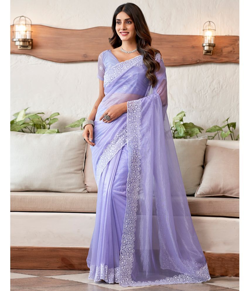     			Samah Organza Embroidered Saree With Blouse Piece - Lavender ( Pack of 1 )