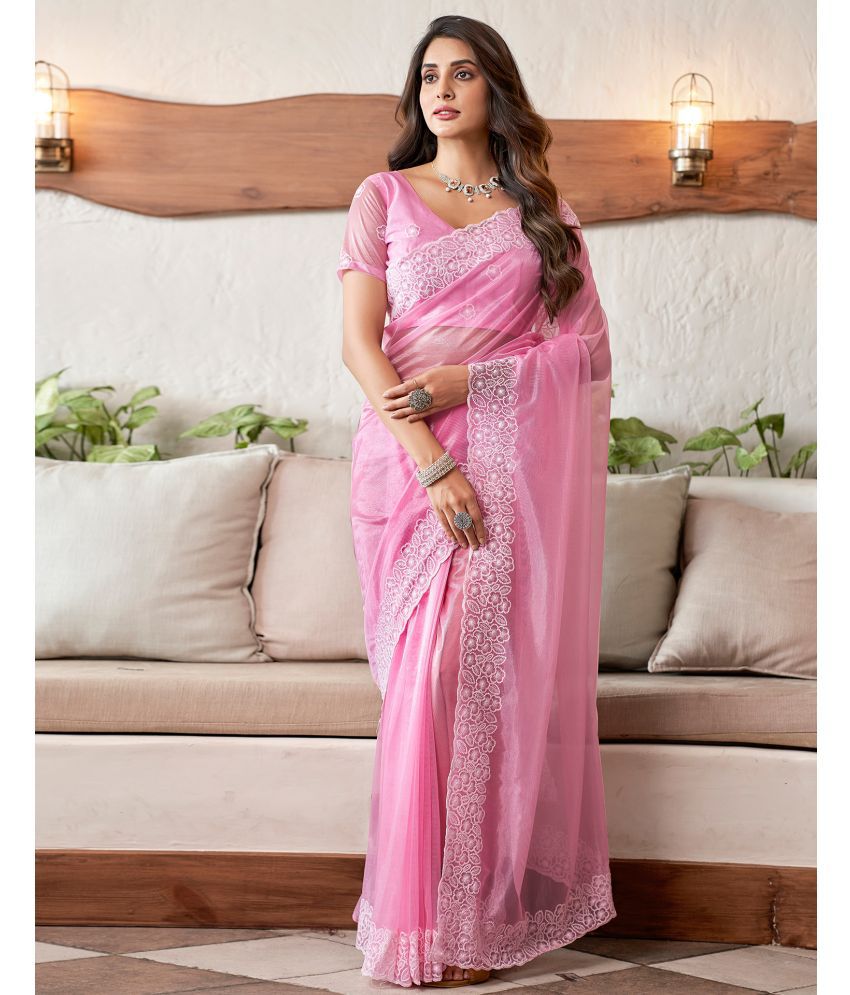     			Samah Organza Embroidered Saree With Blouse Piece - Pink ( Pack of 1 )