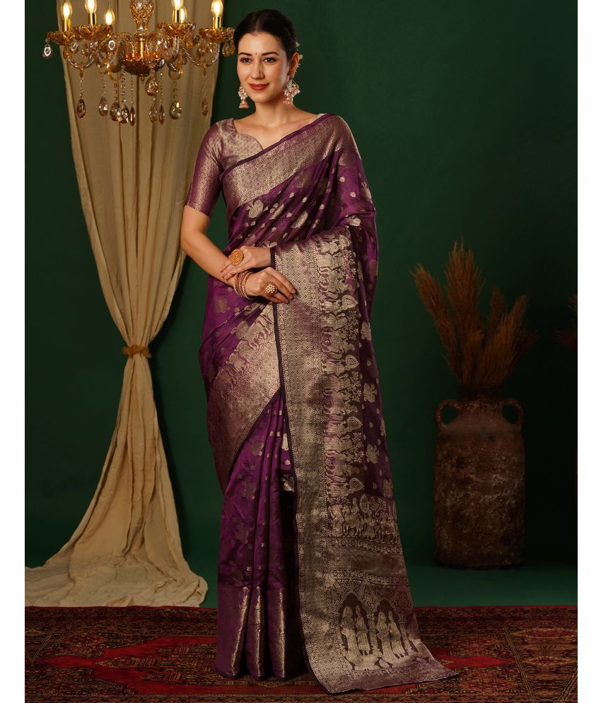     			Samah Silk Blend Woven Saree With Blouse Piece - Purple ( Pack of 1 )