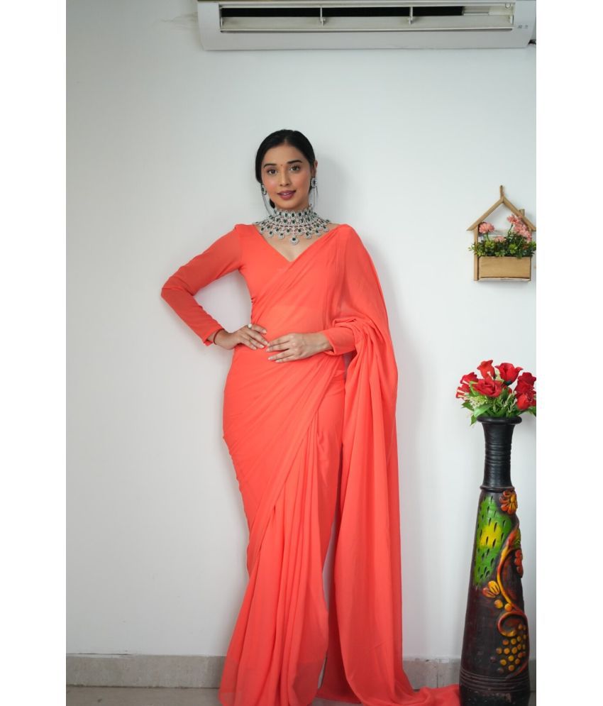     			AWRIYA Georgette Solid Saree With Blouse Piece - Orange ( Pack of 1 )