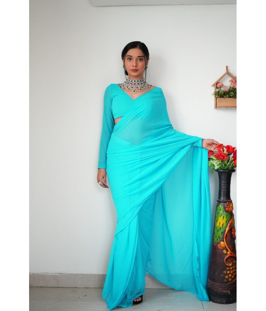     			AWRIYA Georgette Solid Saree With Blouse Piece - LightBLue ( Pack of 1 )