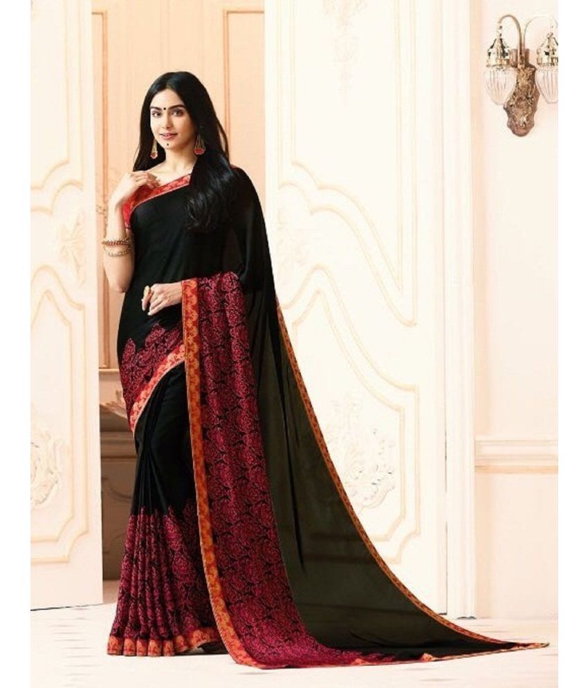     			Gazal Fashions Georgette Printed Saree With Blouse Piece - Black ( Pack of 1 )