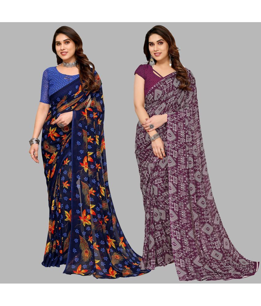     			Kashvi Sarees Georgette Printed Saree With Blouse Piece - Multicolor ( Pack of 2 )