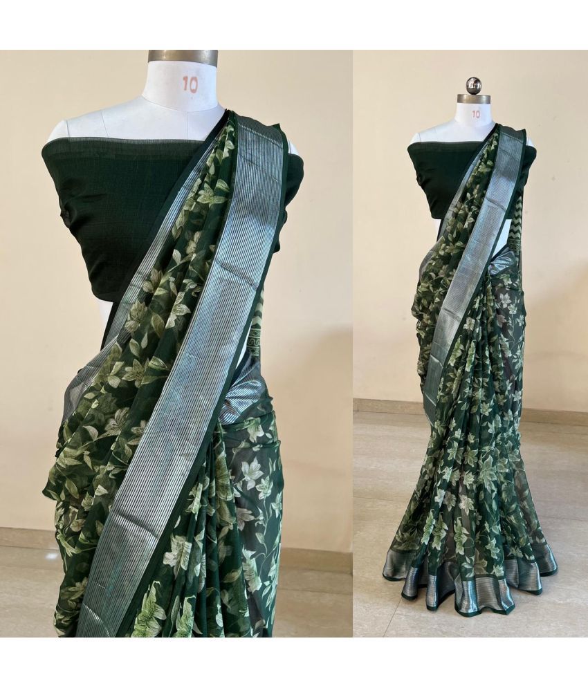     			NIKKARYA Chiffon Printed Saree With Blouse Piece - Olive ( Pack of 1 )