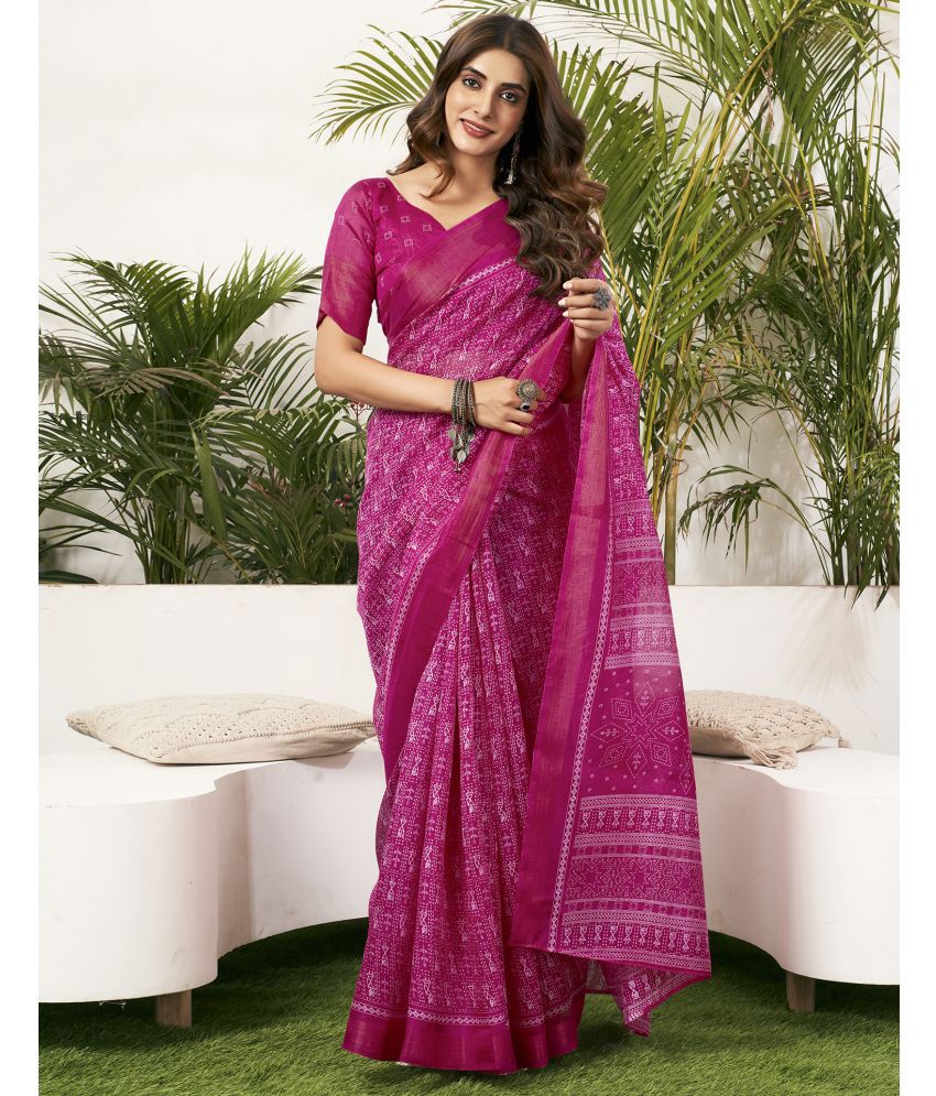     			Samah Cotton Blend Printed Saree With Blouse Piece - Rani ( Pack of 1 )
