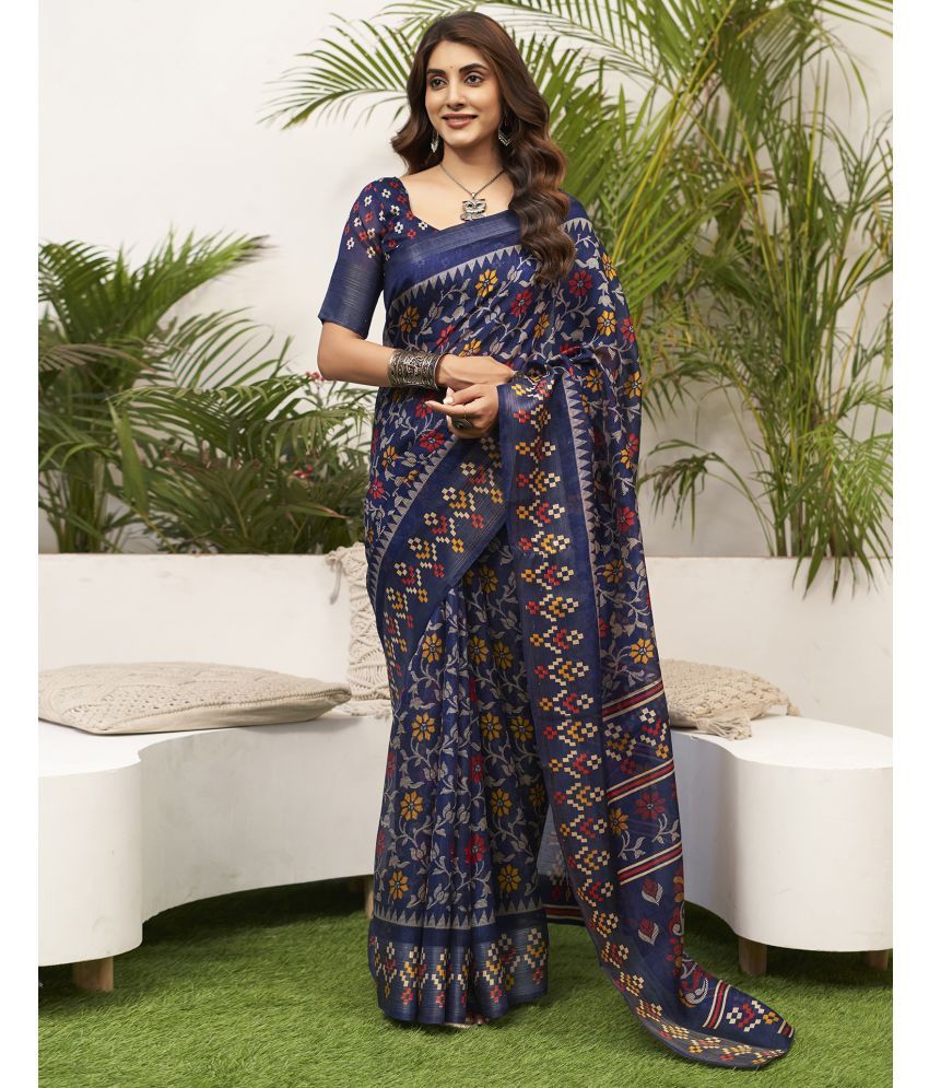     			Samah Cotton Blend Printed Saree With Blouse Piece - Navy Blue ( Pack of 1 )