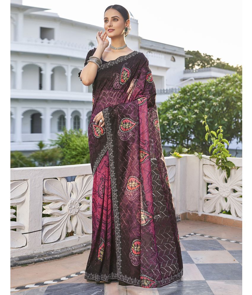     			Satrani Net Printed Saree With Blouse Piece - Pink ( Pack of 1 )