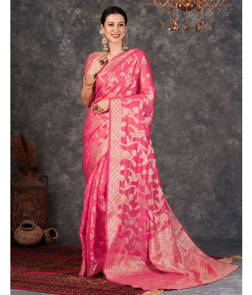     			Satrani Silk Blend Woven Saree With Blouse Piece - Pink ( Pack of 1 )