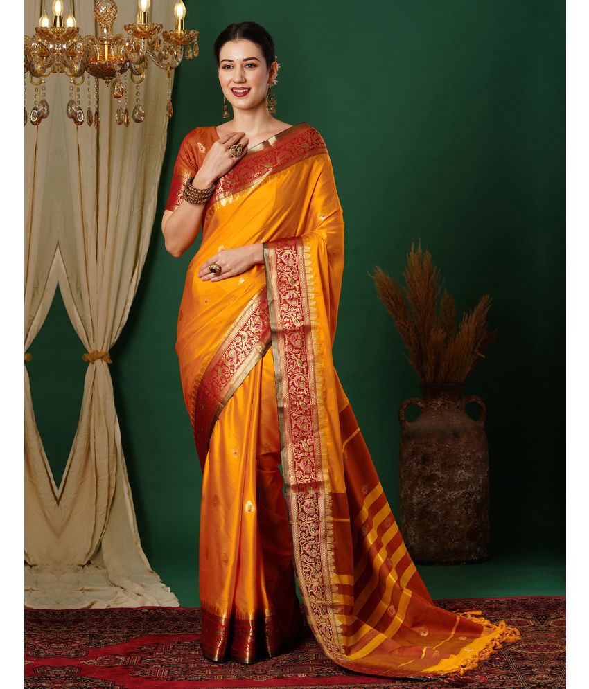     			Satrani Silk Self Design Saree With Blouse Piece - Yellow ( Pack of 1 )