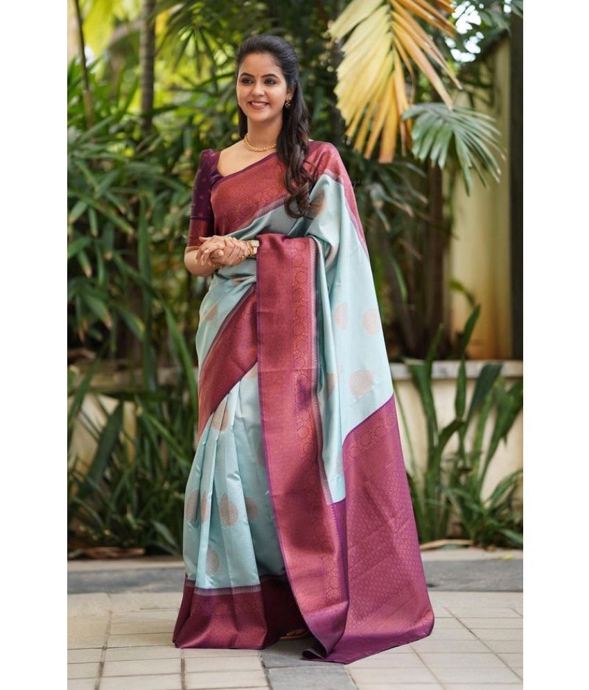     			YUG ART Banarasi Silk Embellished Saree With Blouse Piece - SkyBlue,Wine ( Pack of 1 )
