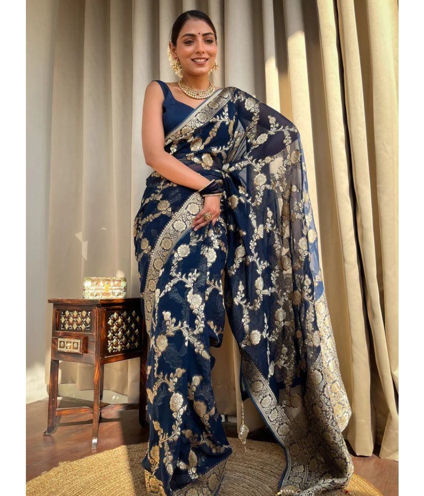     			Balaji's Banarasi Silk Embellished Saree With Blouse Piece - Blue ( Pack of 1 )