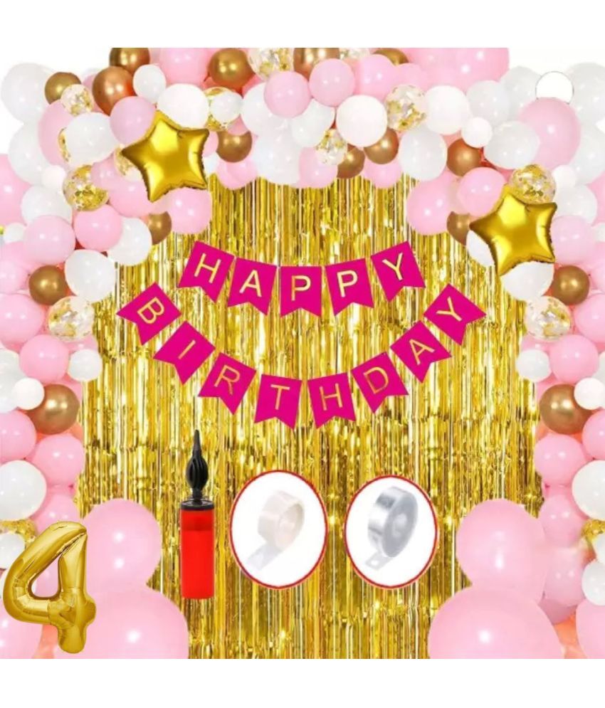     			KR 4TH / FOURTH HAPPY BIRTHDAY PARTY ( CELEBRATION ) DECORATION WITH HAPPY BIRTHDAY PINK BANNER (13), 2 GOLD FOIL CURTAIN, 1 ARCH, 1 GLUE, 50 PINK WHITE GOLD BALLOON, 1 PUMP, 3 CONFETTI BALLOON, 2 GOLD STAR BALLOON, 4 NO. GOLD FOIL BALLOON