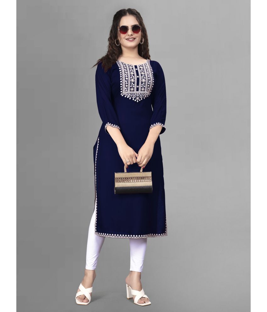     			PATBRO Rayon Embroidered Straight Women's Kurti - Navy Blue ( Pack of 1 )