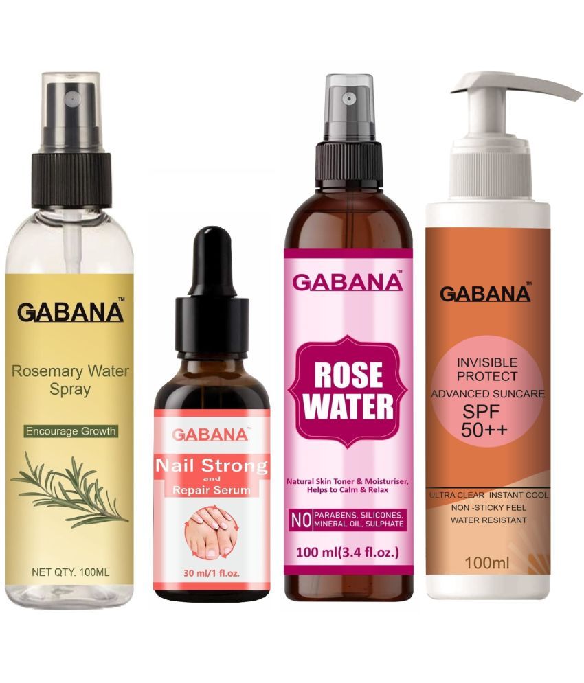     			Gabana Beauty Natural Rosemary Water | Hair Spray For Regrowth 100ml, Nail Strong and Repair Serum 30ml, Natural Rose Water 100ml & Advance Sunscreen with SPF 50++ 100ml - Set of 4 Items