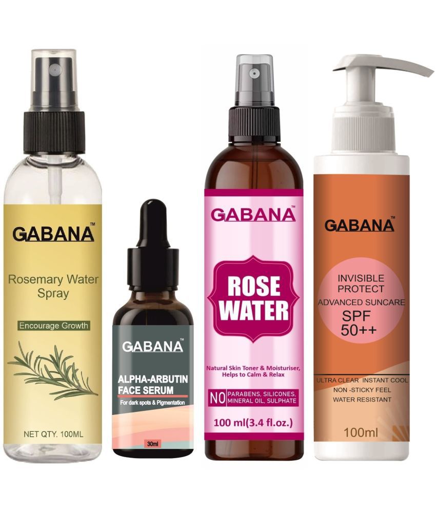     			Gabana Beauty Natural Rosemary Water | Hair Spray For Regrowth 100ml, Alpha Arbutin Face Serum 30ml, Natural Rose Water 100ml & Advance Sunscreen with SPF 50++ 100ml - Set of 4 Items