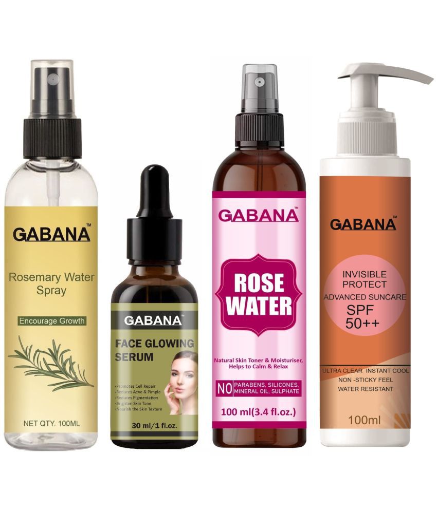     			Gabana Beauty Natural Rosemary Water | Hair Spray For Regrowth 100ml, Face Glowing Serum 30ml, Natural Rose Water 100ml & Advance Sunscreen with SPF 50++ 100ml - Set of 4 Items