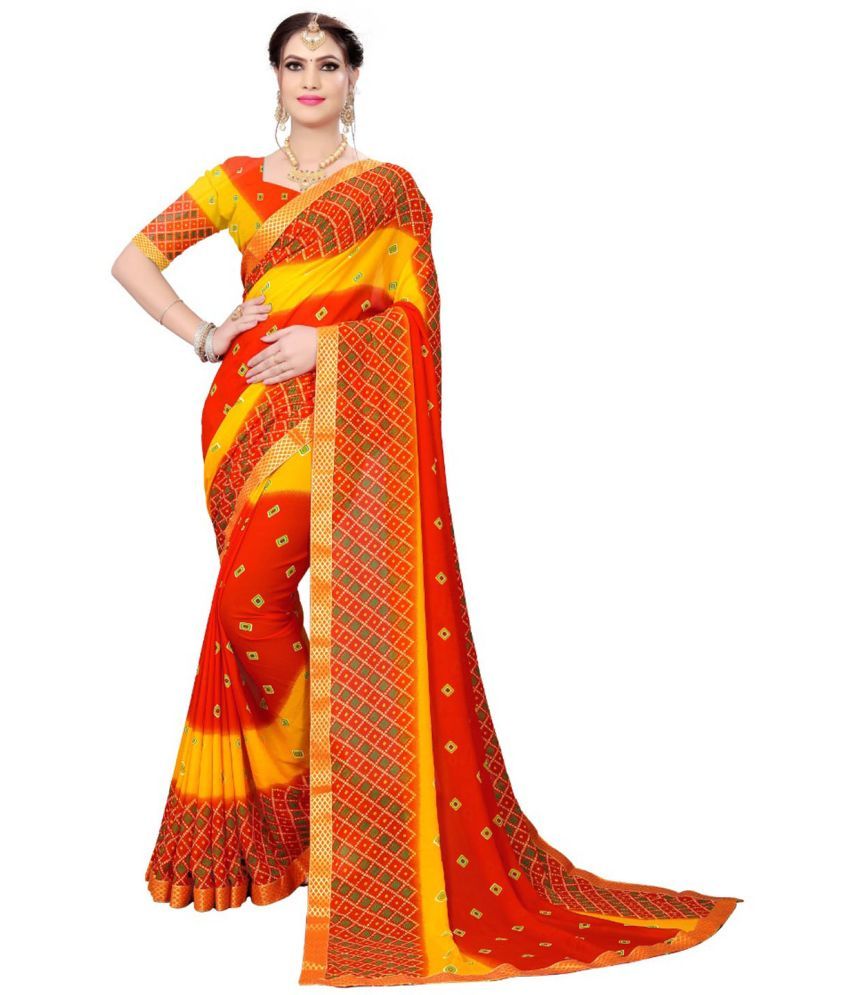     			Kanooda Prints Georgette Printed Saree With Blouse Piece - Orange ( Pack of 1 )