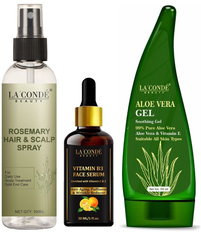     			La'Conde Beauty Natural Rosemary Water | Hair Spray For Regrowth 100ml, Vitamin B3 Face Serum 30ml & Natural Aloe Vera Gel 130ml - Set of 3 Items