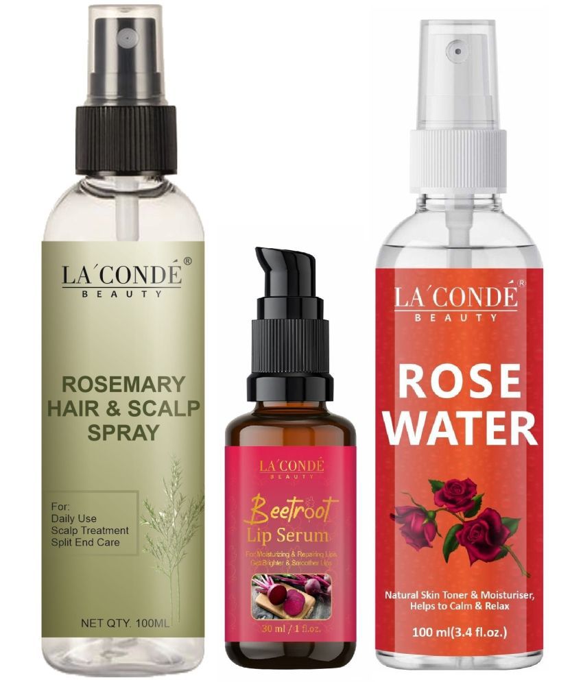     			LaConde Beauty Natural Rosemary Water | Hair Spray For Regrowth 100ml, Beetroot Lip Serum for Natural Skin Tone & Natural Rose Water 100ml - Set of 3 Items