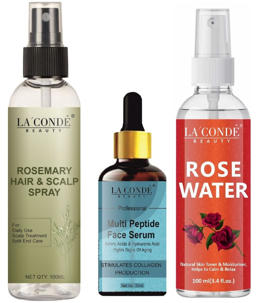     			LaConde Beauty Natural Rosemary Water | Hair Spray For Regrowth 100ml, Multi Peptide Serum for Anti Ageing 30ml & Natural Rose Water 100ml - Set of 3 Items